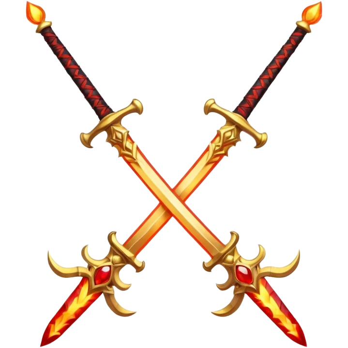 Two powerful on fire fully golden fiery royal crossed swords with red gems emoji
