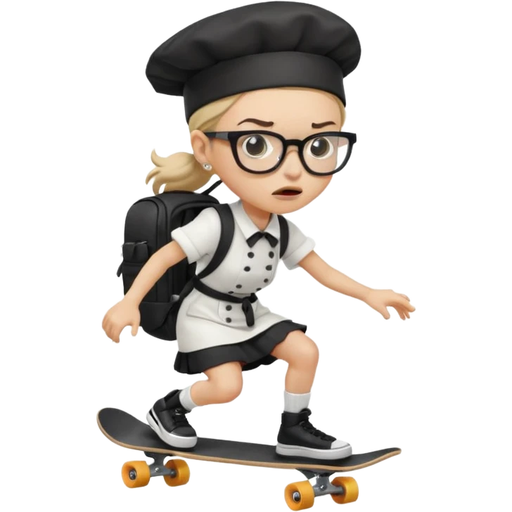 ["An angry woman with light skin, ponytail, wearing a chef hat and square glasses, dressed in goth fashion, is skateboarding while holding a backpack."] emoji