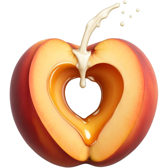 black hole in the middle of a peach. milk is leaking out of the hole emoji