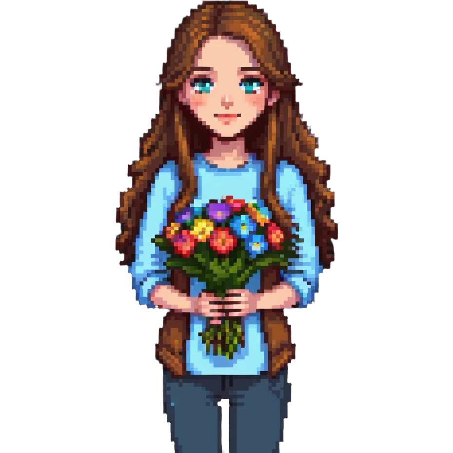 Cool girl with long brown hair holding a bouquet of flowers emoji