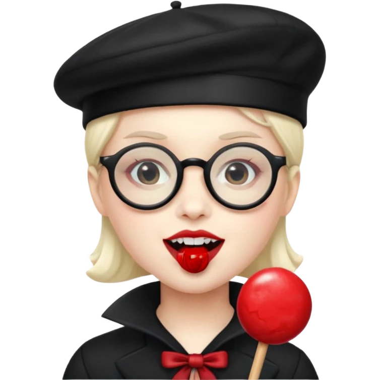 Vampire with lollipop, beret and glasses, teeth looks like vampire emoji