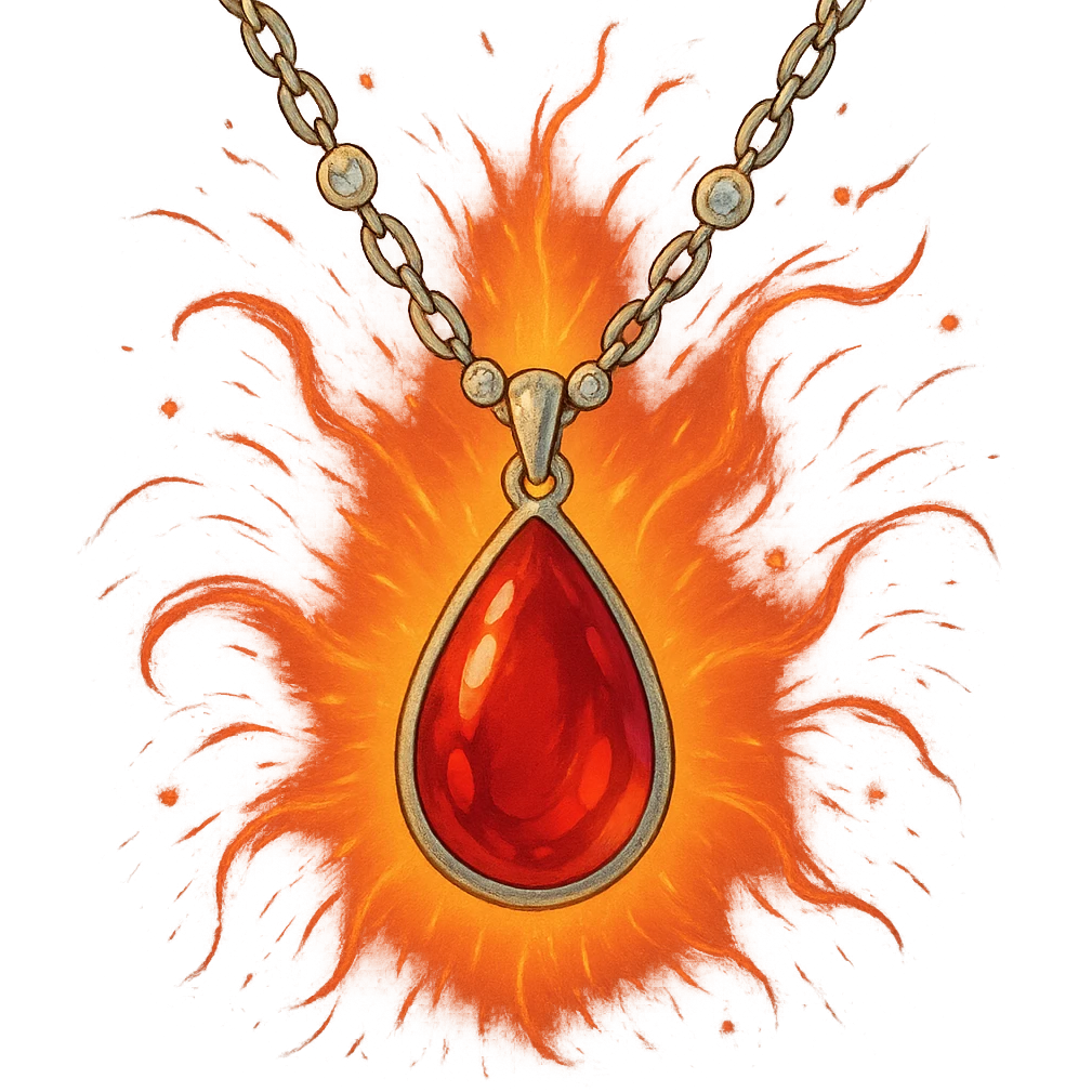 A teardrop ruby pendant with a silver chain and white stones, radiating a luminous aura of passion and renewal emoji