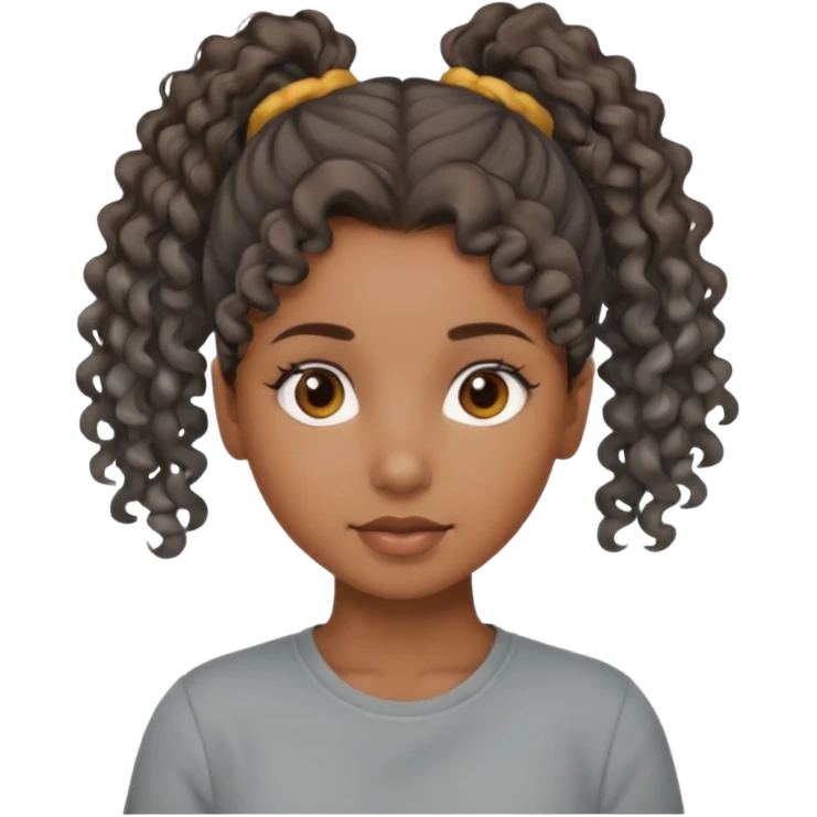 A girl Brown girl with a curly ponytail and has a Gray shirt and eyes are brown  emoji