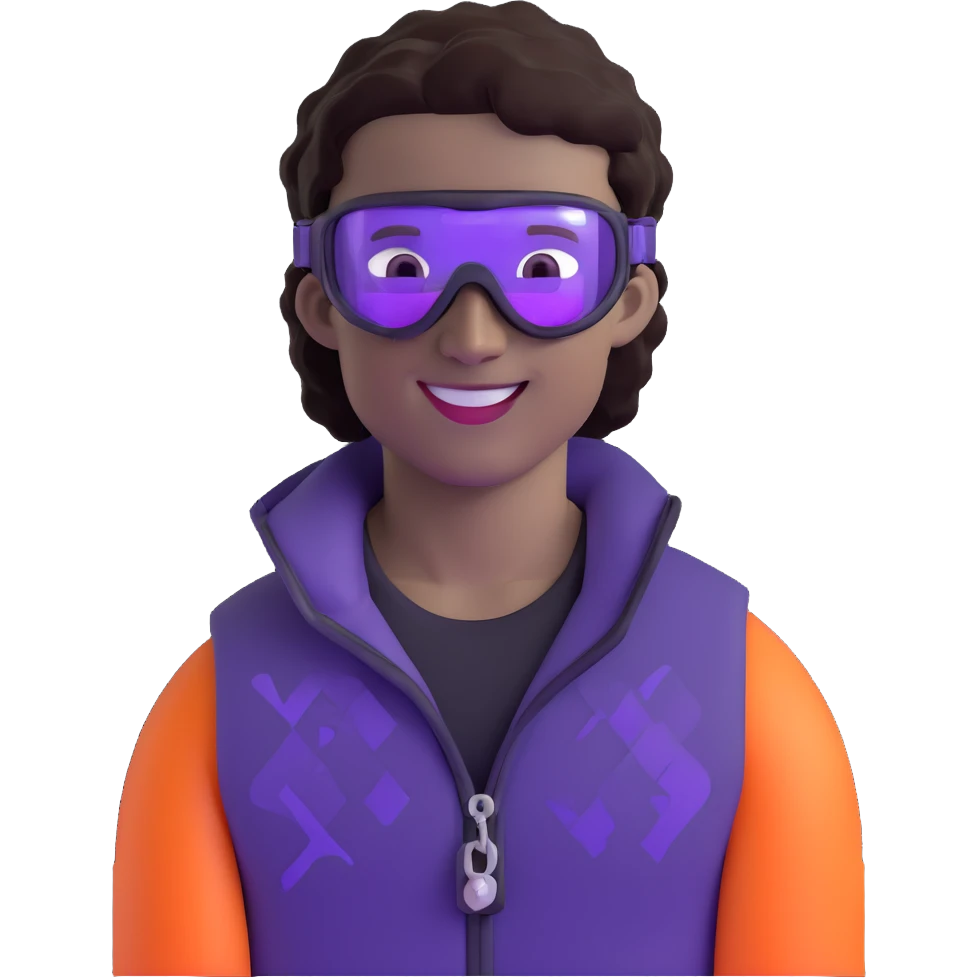 close-up of cool guy male athlete with white skin and moderately curly dark brown hair on top with shaved sides, wearing ski goggles with purple frames and very dark black lenses, winking behind the goggles, with an open mouth confident smile like a cool guy, a simple plain black chain necklace, and a completely unzipped sleeveless vest with purple and black sequin fire pattern design with no logo emoji