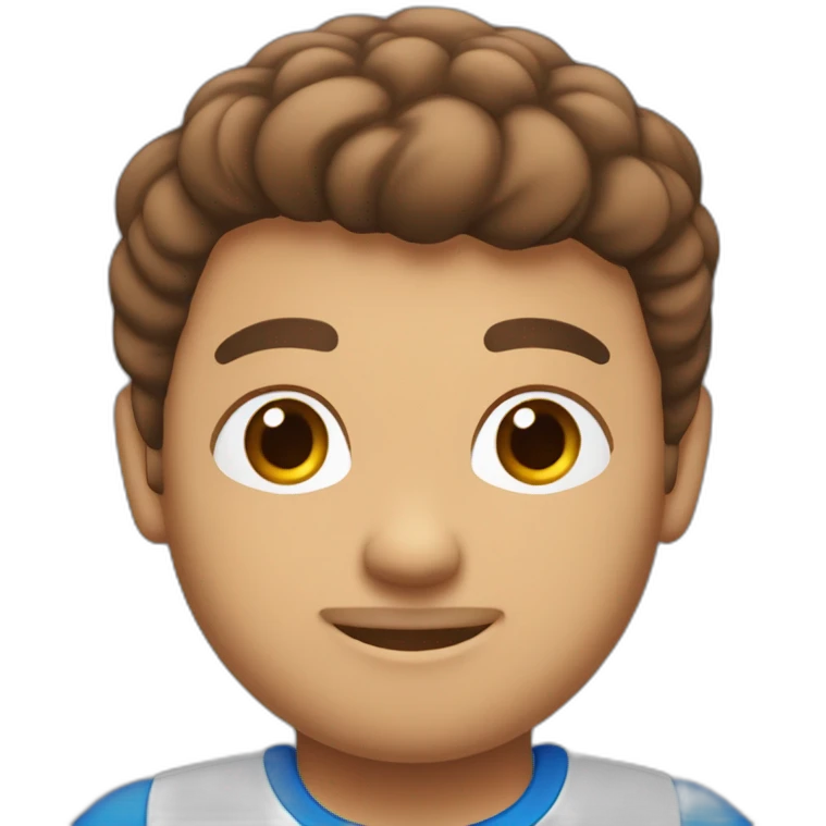 Chico color blanco con pelo corto marron sin barba y con abriculares y con remera azul y rojo emoji