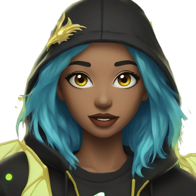 Lady with brunette and iridescent blue hair, gold, lime green dragon wings, black hoodie, bleach dyed, black and gold Nike t shirt, and bright red eyes emoji