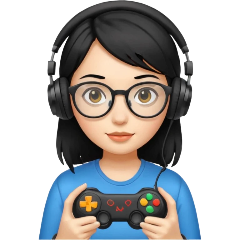 
gamer, black hair girl with glasses, headphone, gamepad emoji