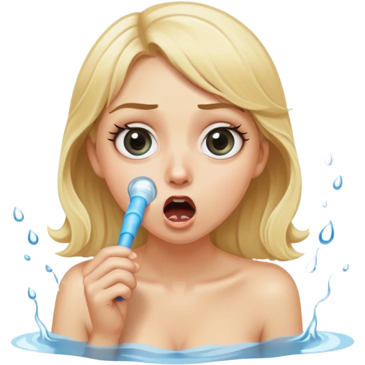 blond woman sitting on her knees with wide eyes, holding a wide skin-colored stick with a D-shaped knob, the stick and the nob have skin texture, water squirting from the knob into her mouth, shocked face emoji