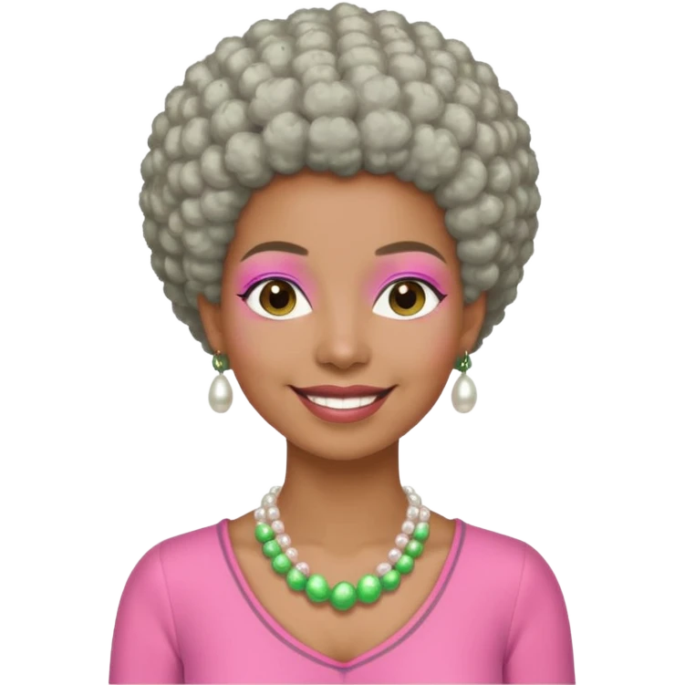 Brown woman with very short gray Afro  wearing pink and green outfit and pearl necklace  emoji