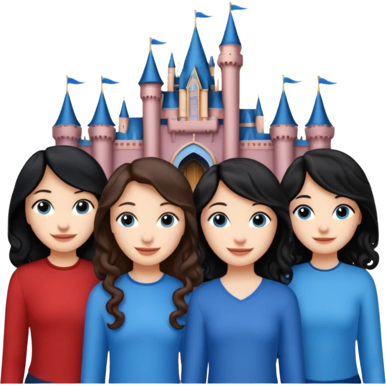 Castillo de Disney y por detrás o delante pon a quatro chicas: una con el pelo largo rizado marrón , otra con el pelo muy corto negro, como un chico, otra con el pelo mediano liso marrón con ojos azulesy otra con el pelo negro largo liso . Todos son color carne.  emoji