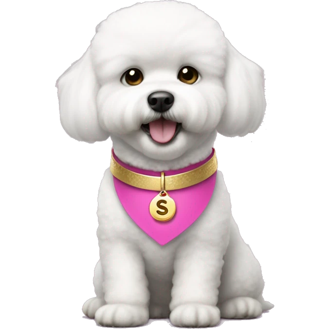 bichon dog wearing a pink collar with a gold coin shaped tag with the letter "S" hanging from the collar emoji