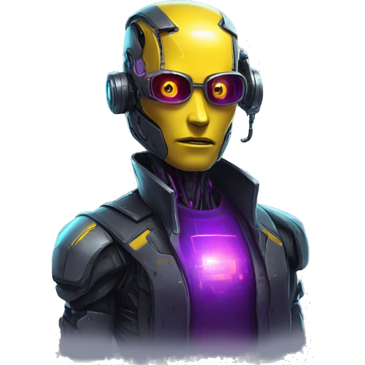 agent, laser eyes, yellow robotic face, cyberpunk, code, cyan and purple colors, only upper body portrait emoji