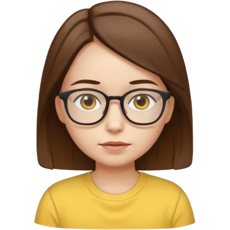 female with white skin. Shoulder length straight brown hair. Brown eyes with glasses. Female wearing baby yellow shirt. emoji