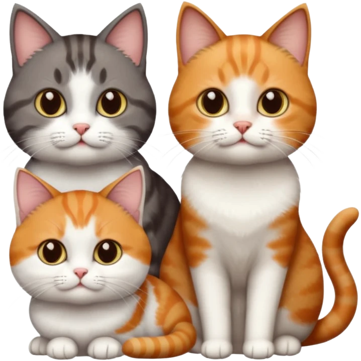 3 different coloured short haired cats including; a dark brown tabby and white cat, and a dark grey and white and a ginger and white emoji