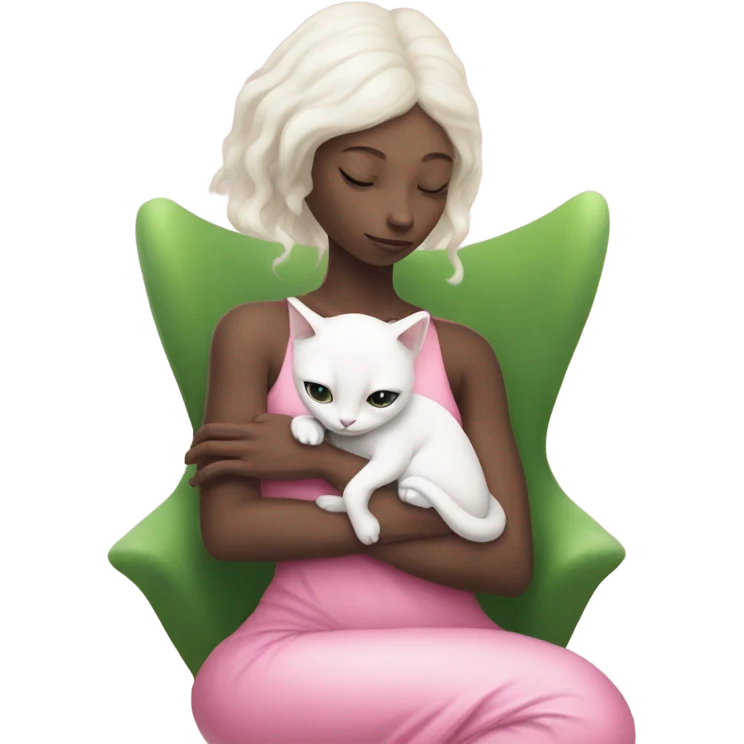 Reptilian alien woman, in meditation pink dress hugs a white cat emoji