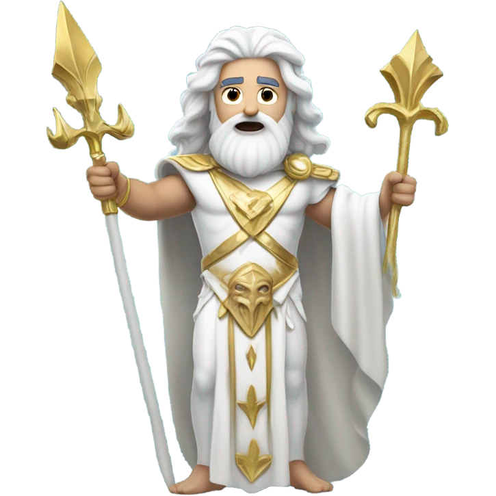 white Poseidon with gold Trident. long white hair white dress. with keys emoji