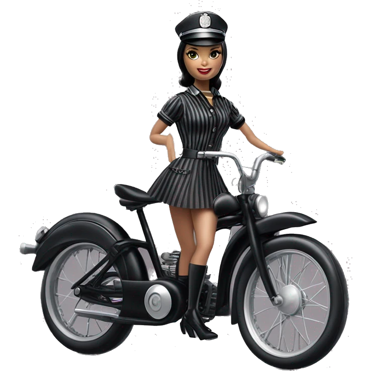 Silkstone Lingerie Barbie, Wednesday Addams from academy in vertically-striped dark-gray and black officer’s uniform with hat. Leaning back at the hips, riding a wheelie on a hot rod bike smiling  emoji