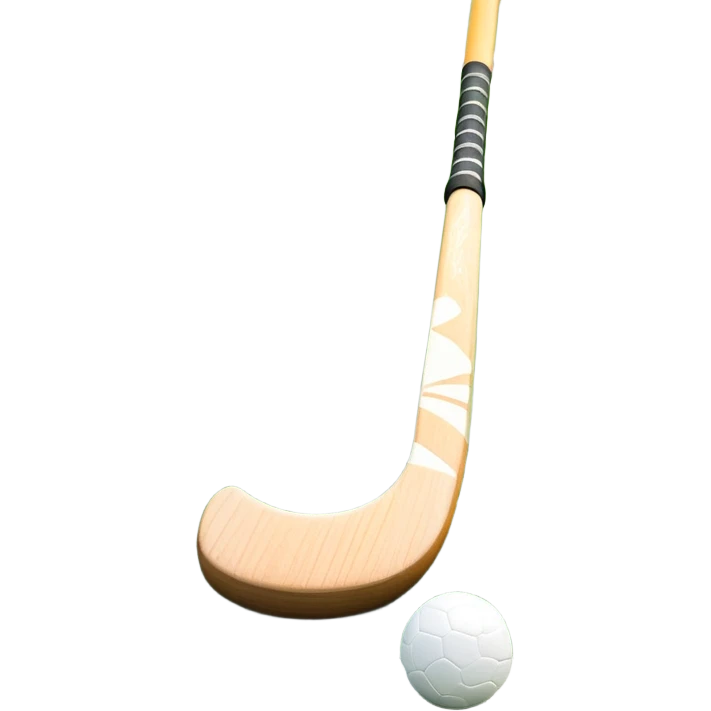 A field hockey stick and ball positioned on a vibrant green grass field, with the goalposts and clear field markings in the background. The scene highlights the lush, well-maintained turf, emphasizing the speed and precision of the sport in an energizing outdoor setting. emoji