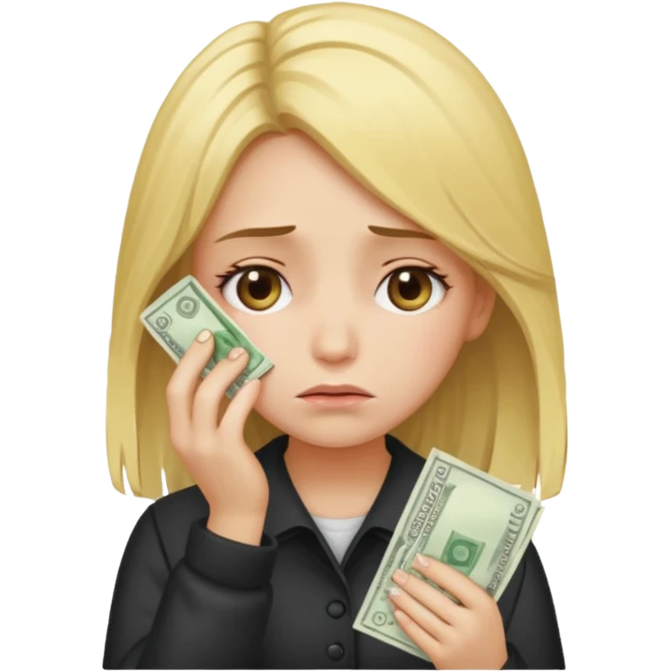 Девушка со светлыми волосами грустная плачет и вытирает слезы купюрой денег emoji