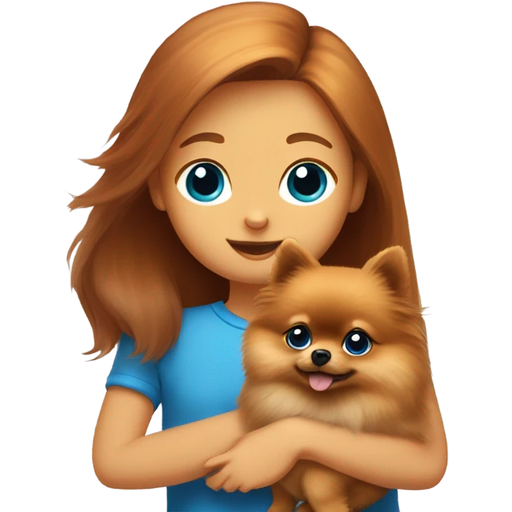 A red-haired pomeranian sits in the arms of a brown-haired girl with blue eyes emoji