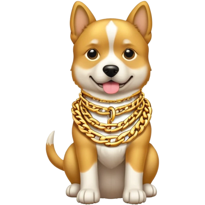 Dog wearing a gold chain that says cool emoji