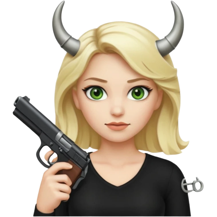 Emoji femme blonde cheveux blond, yeux vert avec de long cils noir qui porte un pistolet et à des cornes  emoji
