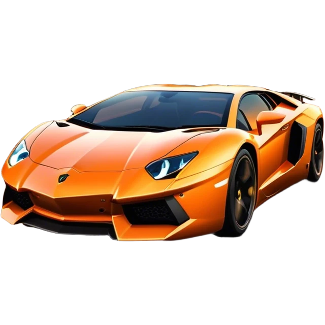 Lamborghini Aventador driving down the street, headlights blazing. The sky glows in warm sunset hues, reflecting off the sleek car. Motion blur emphasizes speed, with palm trees and city lights in the background. Transparent background. emoji