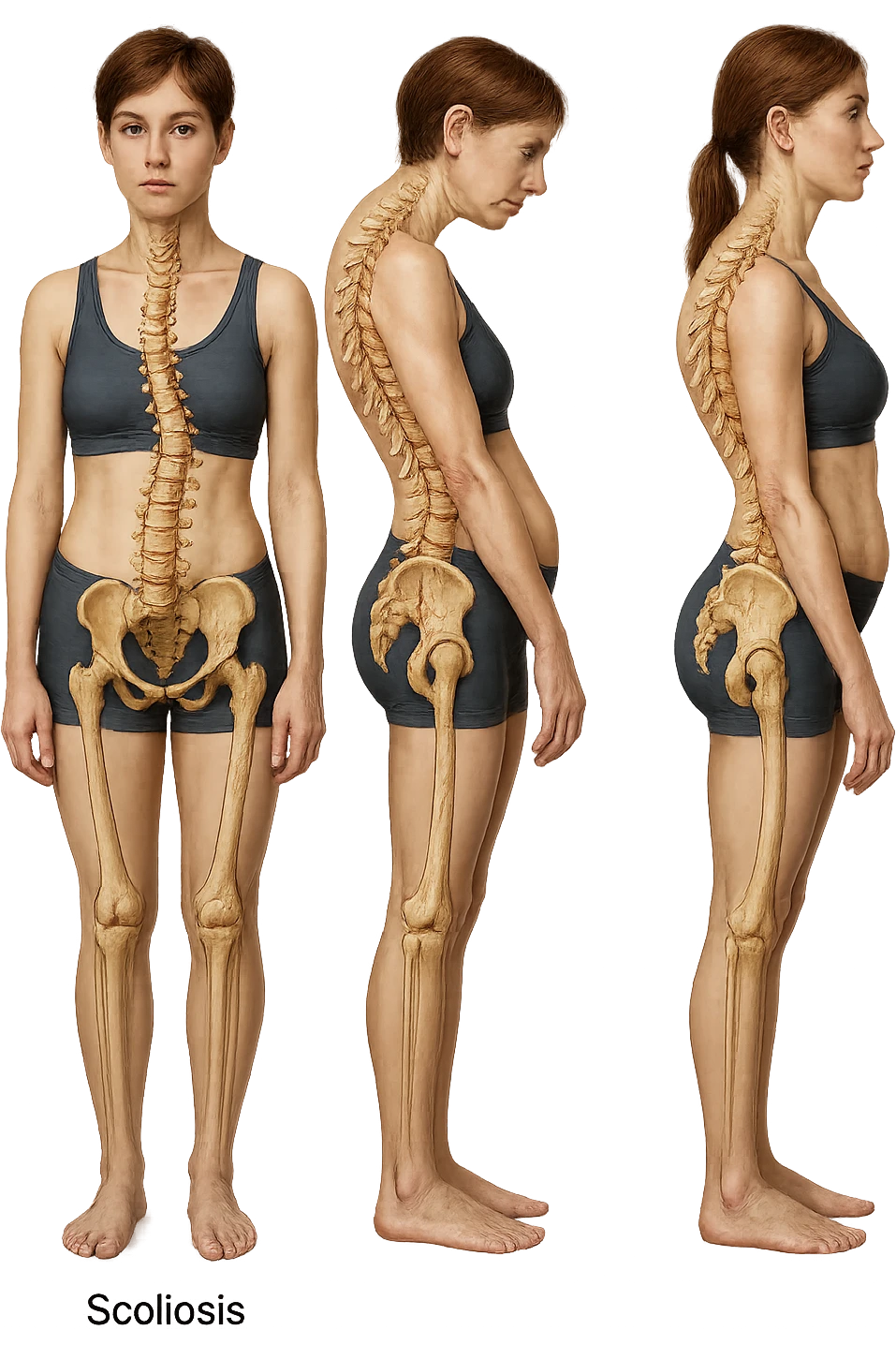fai un immagine identica che riguarda 3 posture scorrette: scoliosi, ipercifosi e iperlordosi. falla iperrealistica anatomica in 4k con spina dorsale storta in evidenza su ogni figura emoji