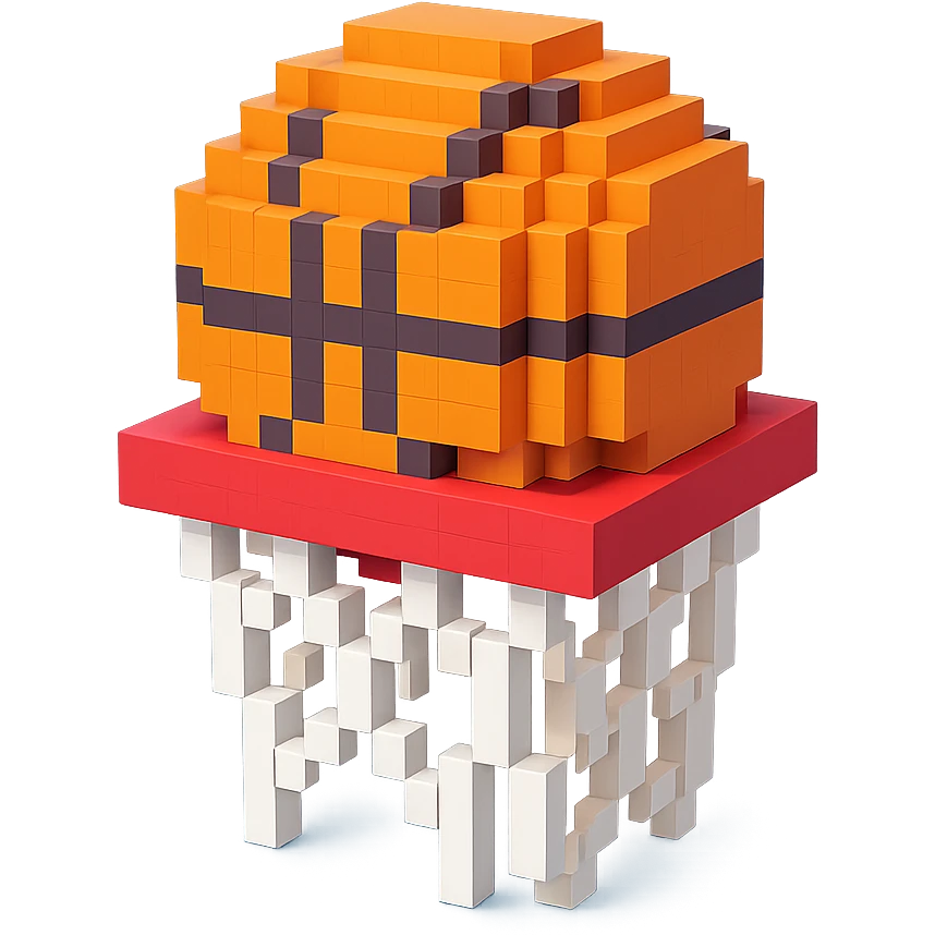A voxel-style basketball in a net emoji