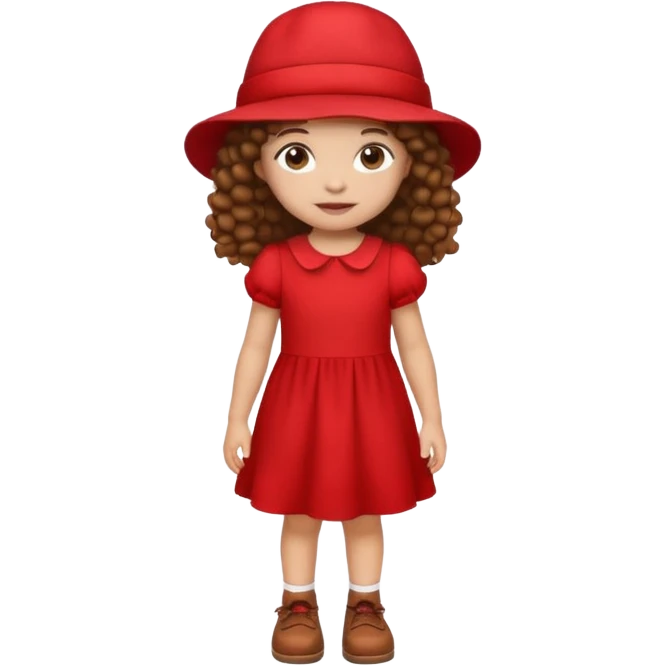little girl with brown curly hair, light skin, wearing a red dress, red hat, and brown shoes, emoji style icon emoji