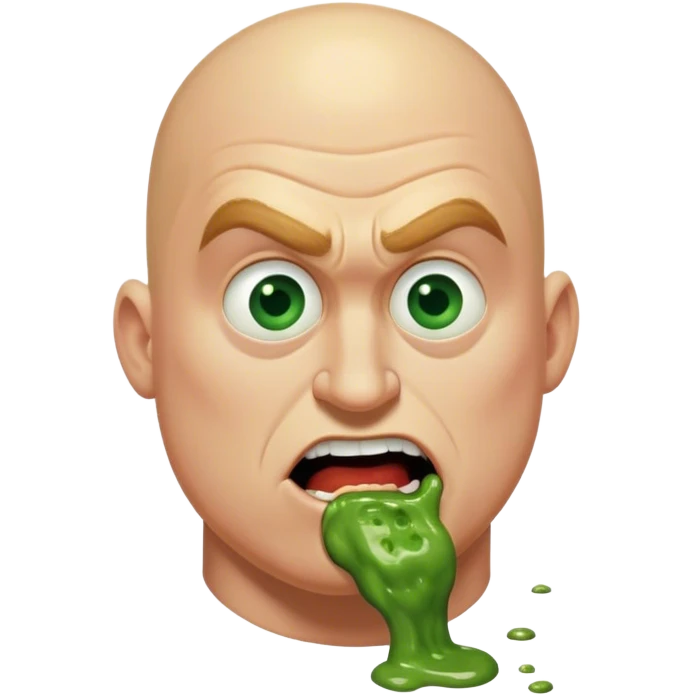 Bald ugly Mr (not) incredible head a little bit deepfried with green vomit color green eyes and coloring green vomit so bad it’s till in his mouth and he’s severely drooling it and it zooms in so fast by the end he takes up the whole screen so much, we even had to remove some parts of his face! emoji