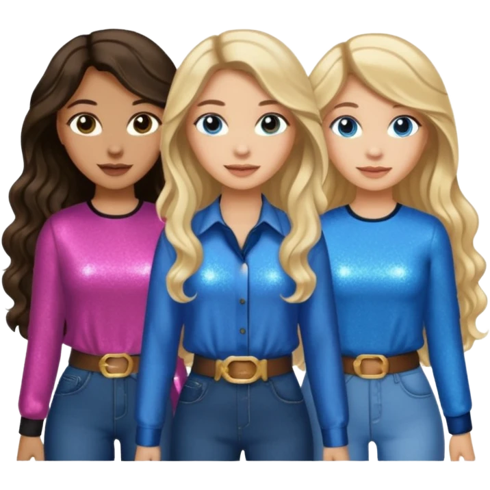 Three women with devil fairy horns, brown eyed light skin with dark blonde long hair and Brown eyed light skin black long wavy hair and blue eyed light skin long blonde hair wearing cute country glitter outfits emoji