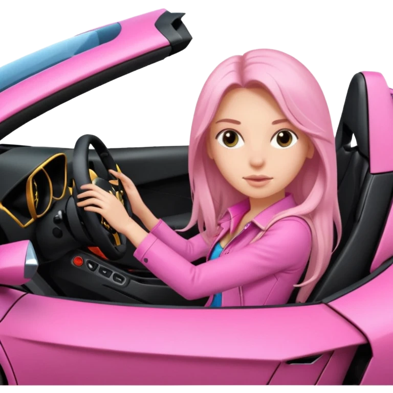 Make car far away so I can see full car Car facing forward in sports car. Make hair long  One girl isFront of car sitting in the seats. Make it a pink sports car. They are two baddies make it a Lamborghini pink car  emoji