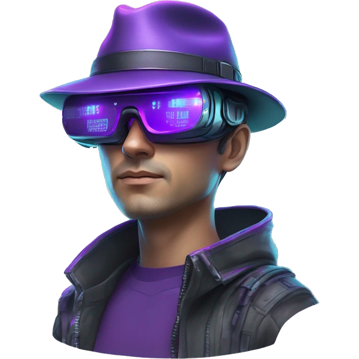 Secret human agent in a hat with  cyberpunk elements in Apple VR googles headset scanning looking reviewing multicolor lines of code, cyan and purple colors, only upper body portrait emoji