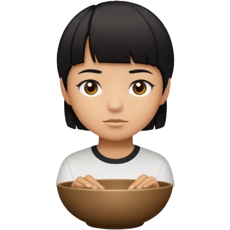 cabelo liso preto com volume no formato de tigela, olhos marrom escuros, camisa branca, pele morena mas mais branca do que morena emoji