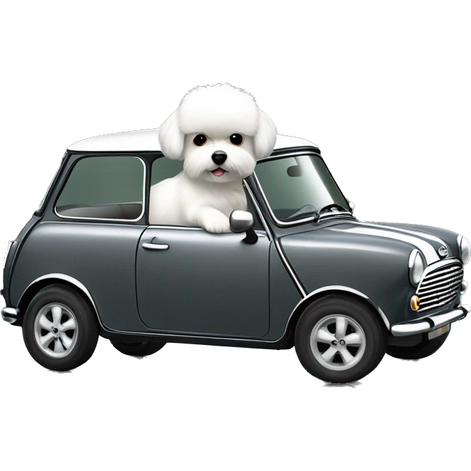 little white fluffy dog driving a dark- gray retro mini cooper 1600 CS with black wheels emoji