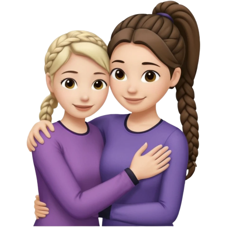 Comforting Hug two white skin women, one shorter woman with medium brown simple top ponytail, not braided, and one taller woman with a single long black side braid emoji