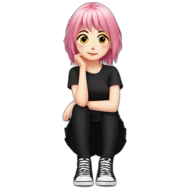 Full body Front view curvy emo girl pink hair sits on the floor straight view hands up black skirt полосатые рваные чулки emoji