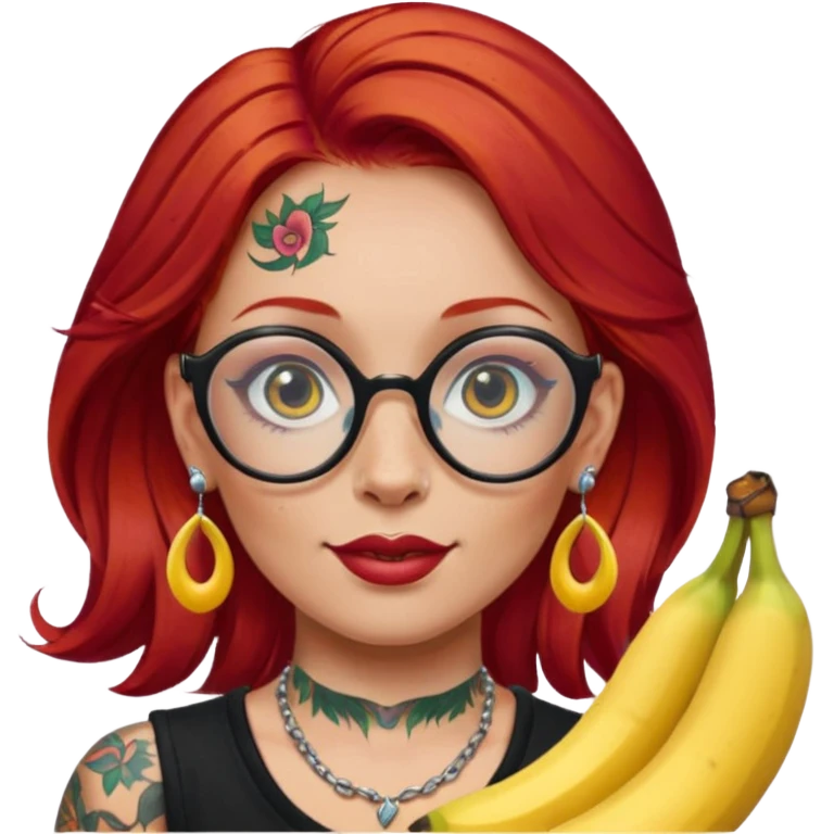 red hair woman with extra  big earring and face tattoed and wearing big banana glasses emoji