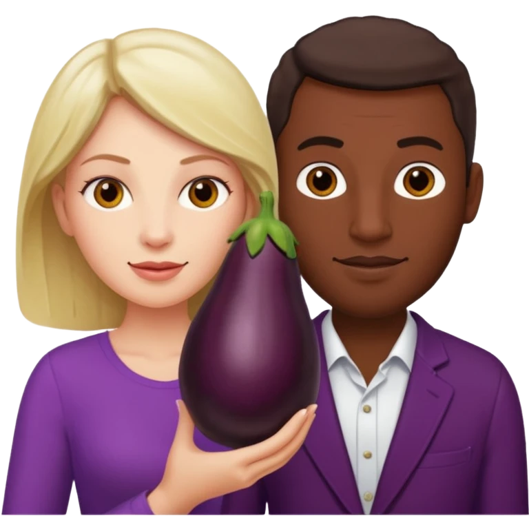 A white woman next to a dark man holding an aubergine in front the mans crotch area emoji