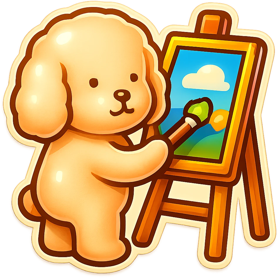 Edit the sticker of the cute dog character painting on an easel, maintaining the original retro stickers style, with a white background. emoji