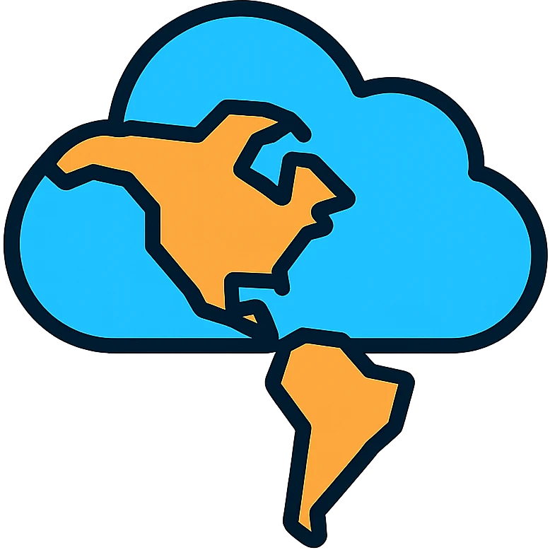 icon of a cloud merged with a map of the Americas, bold lines, minimalistic emoji