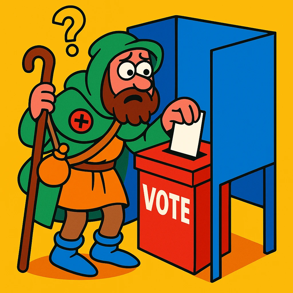 medieval pilgrim at a voting booth, looking confused and silly, vibrant toon style emoji