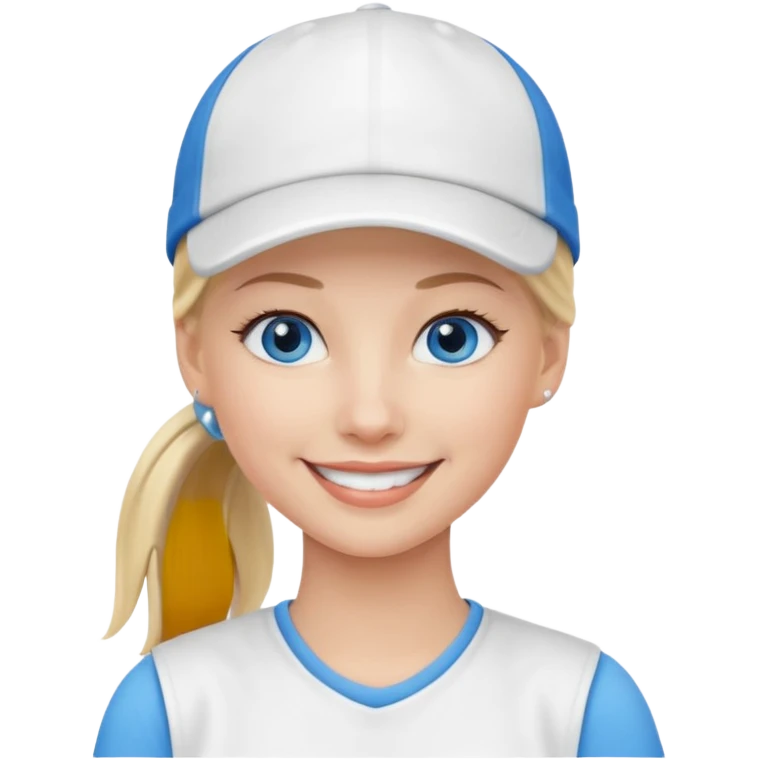 blonde woman, blue eyes, pony tail, white cap emoji