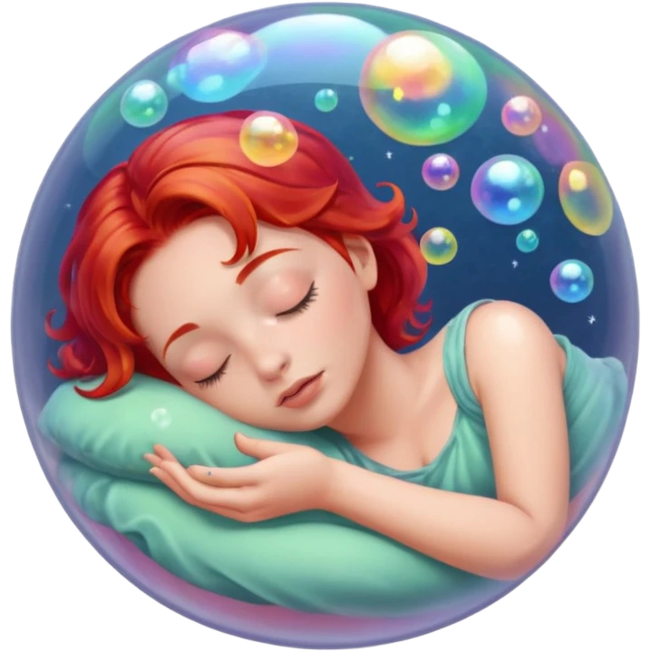 soap bubble with sleeing woman inside red hair emoji