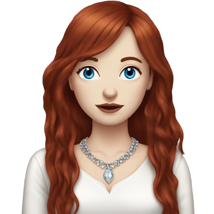 woman with pale skin, blue eyes and long dark red hair with layers and fringe bangs, wearing a white top and silver jewellery emoji