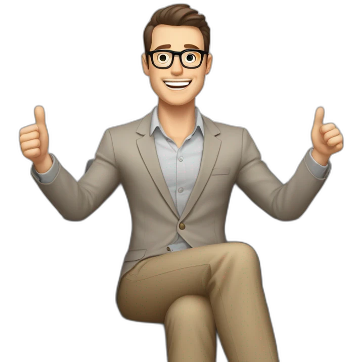 Joyful Celebrating victory Hands up Pale skinned Fit Man With dark brown hair in gray jacket, beige office shirt, Brown pants and vintage glasses sitting In a soft chair emoji