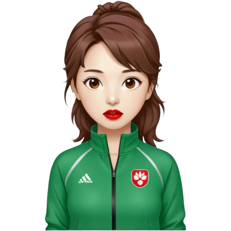 Han Mi-nyeo : Age: Late 40s
Appearance: A middle-aged woman with frizzy, messy brown hair and dramatic red lipstick.
Outfit: Green player tracksuit emoji