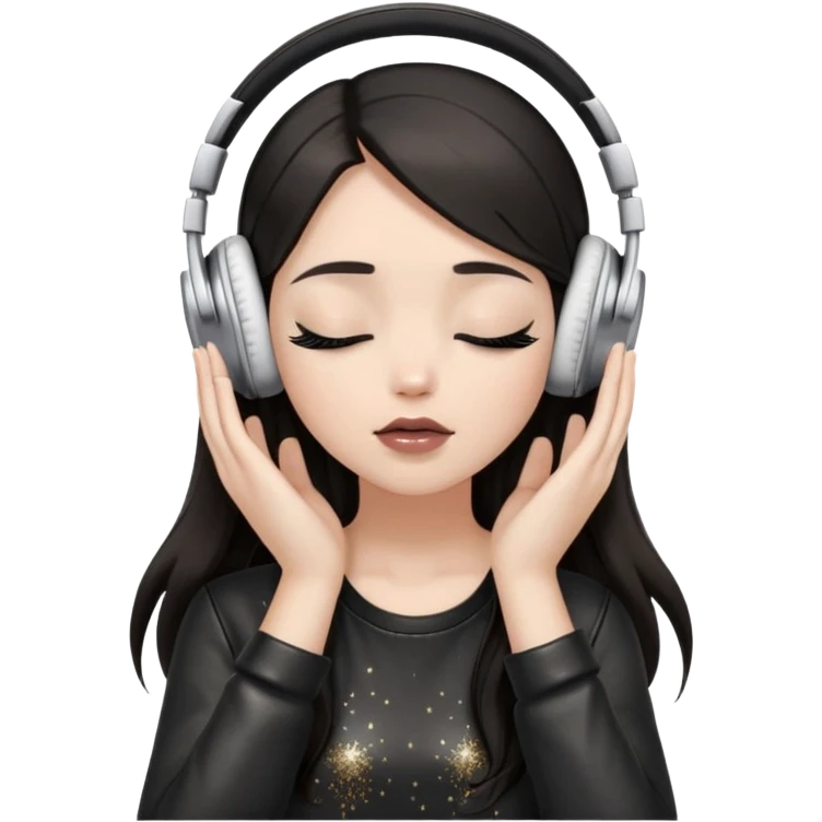 Girl with long dark hair, fair skin tone, wearing a black leather top, has glitter on her eyelids, and taupe lipstick, wearing white headphones, her hands are on her ears, and her eyes are close emoji