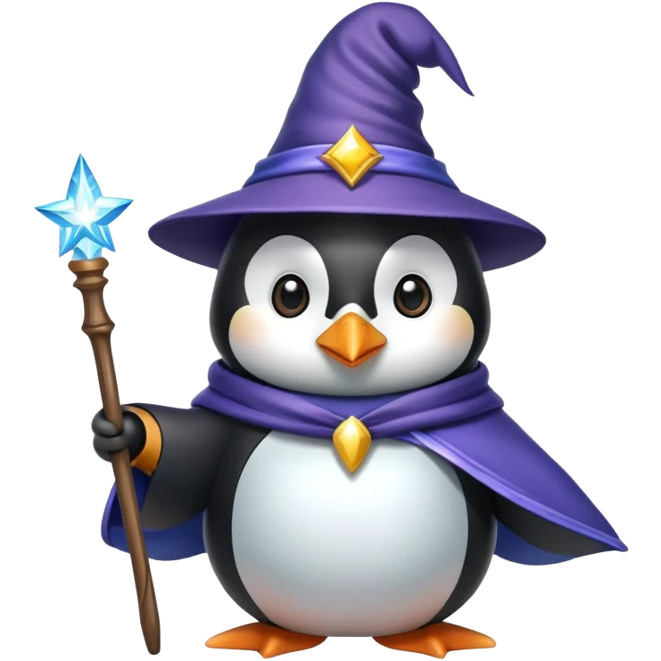 penguin dressed as a wizard with magic wand and wizard hat emoji